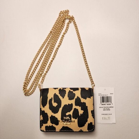NWT COACH CX151 MINI WALLET ON A CHAIN WITH LEOPARD PRINT BAG PURSE CROSSBODY - Picture 1 of 3